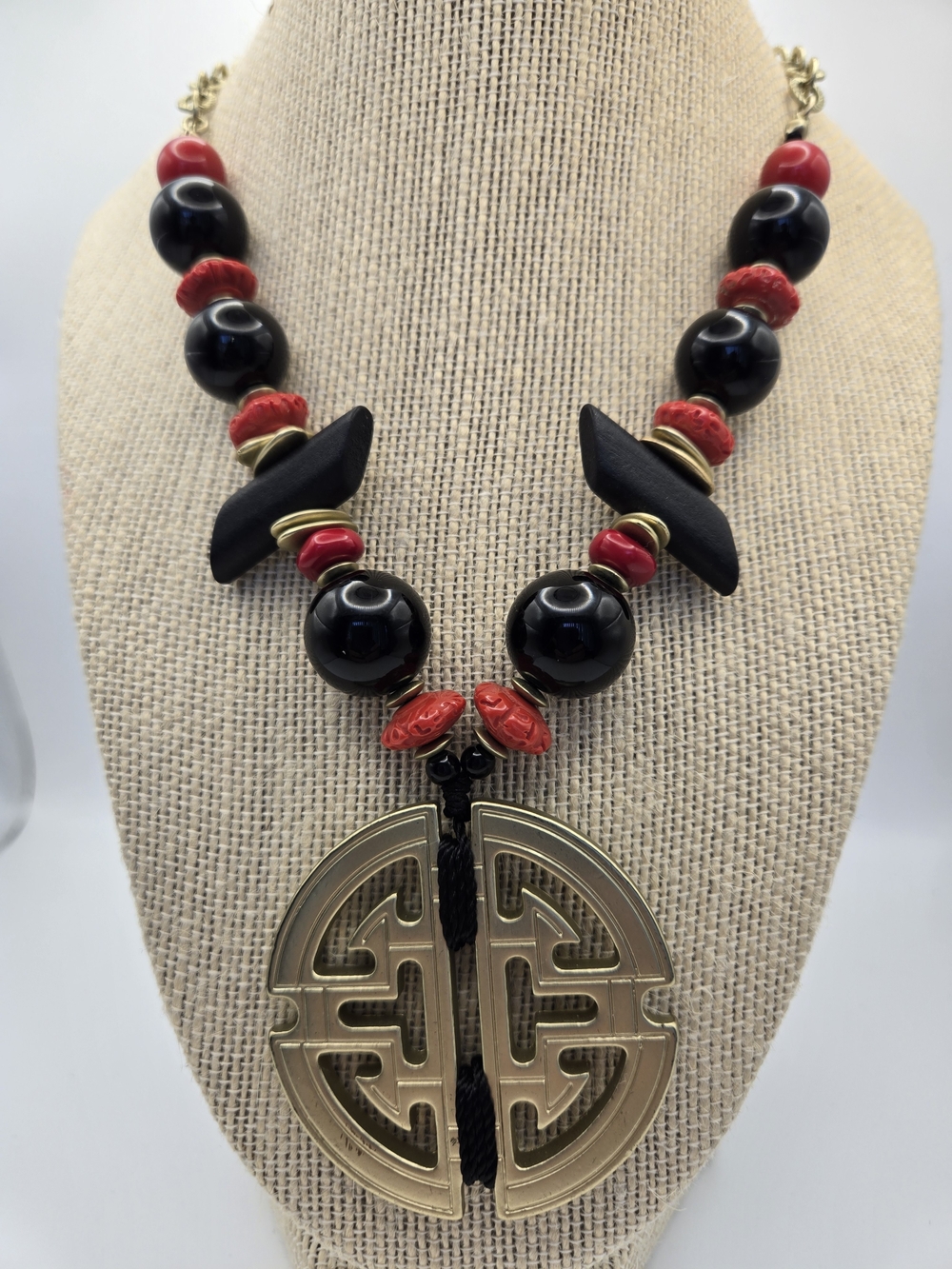 Chico's Black Label Asian-Inspired Black and Red Statement Pendant Necklace